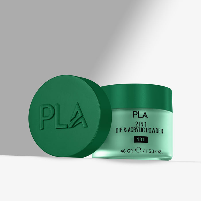 Green jar of PLA 2 in 1 Dip & Acrylic Powder with lid on a gray background