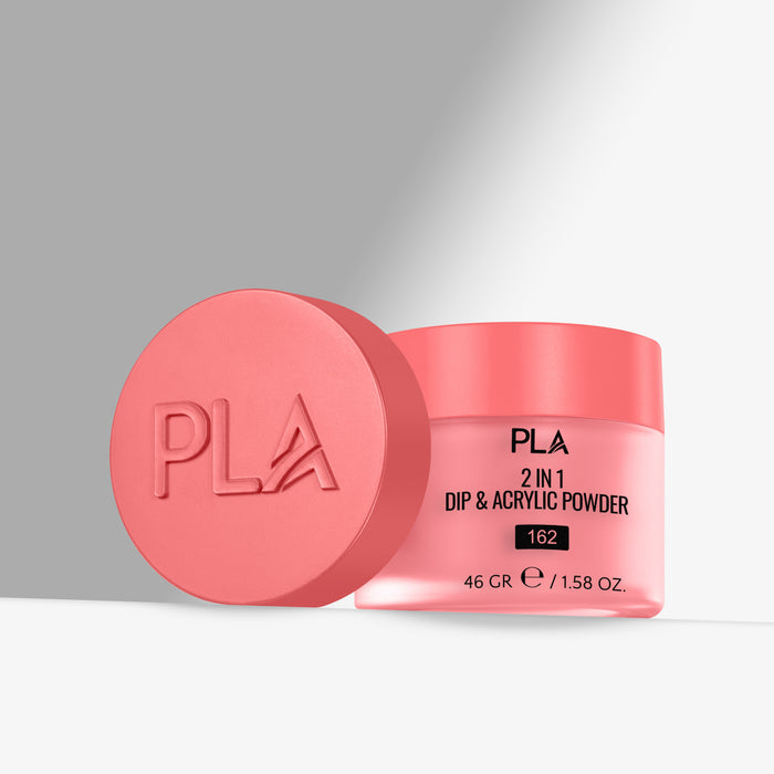 Pink container of PLA 2 in 1 Dip & Acrylic Powder with a matching pink lid on a gray background