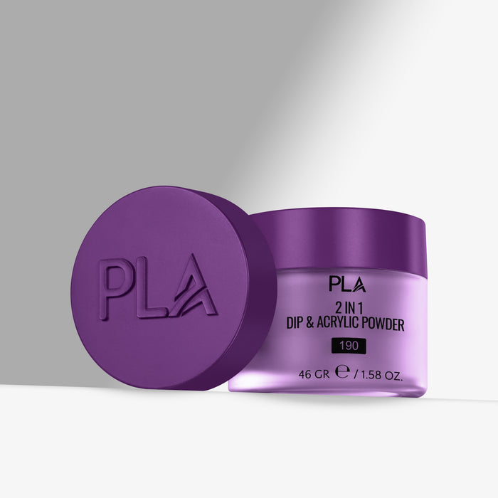 Purple jar of PLA 2 in 1 Dip & Acrylic Powder with lid on a gray background