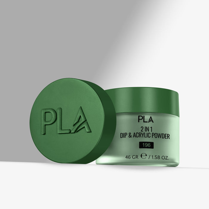 Green jar of PLA 2-in-1 Dip & Acrylic Powder with green lid on a gray background