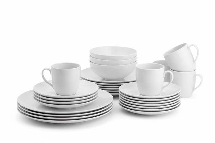 24-Piece Classic White Ceramic Dinner Set on white background
