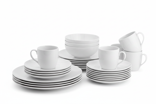 24-Piece Classic White Ceramic Dinner Set on white background