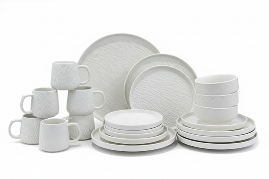 24-Piece Textured White Ceramic Dinner Set on white background