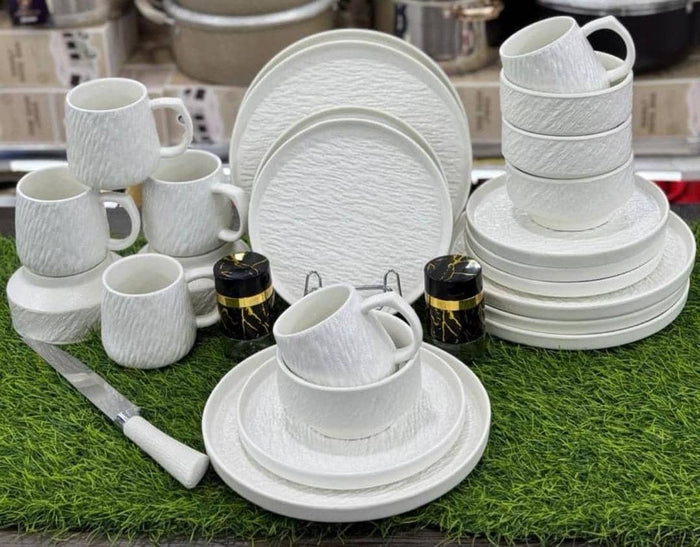 24-Piece Textured White Ceramic Dinner Set