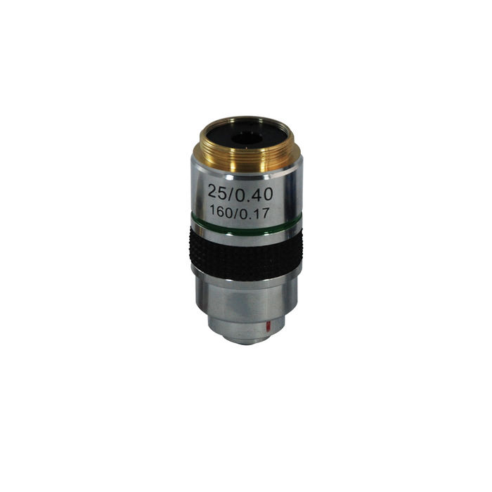 25X Achromatic Polarizing Microscope Objective Lens PL04083412, SKU PL04083411, three quarter front view