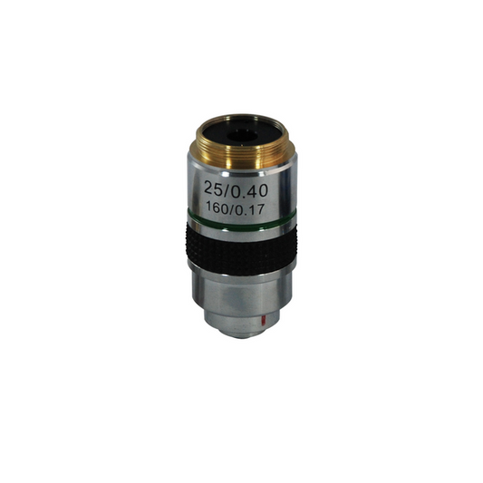 25X Achromatic Polarizing Microscope Objective Lens PL04083412, SKU PL04083411, three quarter front view