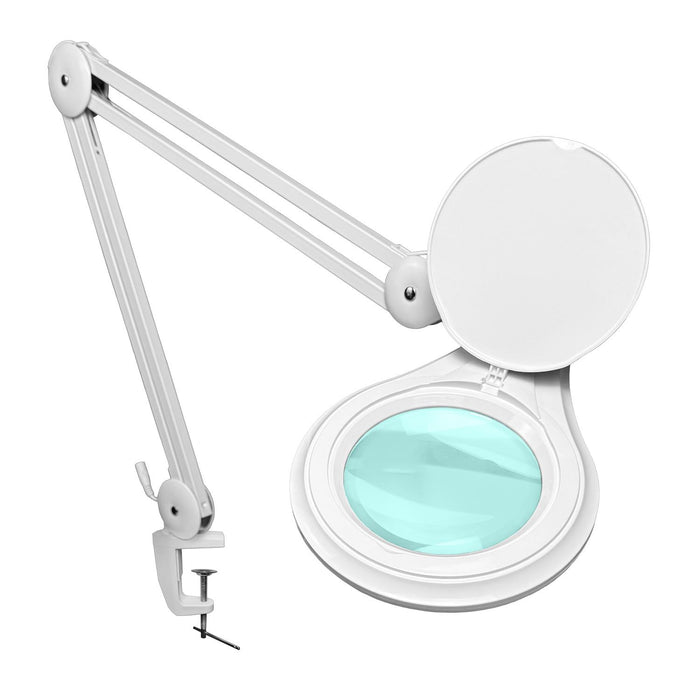 3 Diopter (1.75X) LED Magnifying Lamp with Clamp - 5-inch Glass Lens and Flip Cover, SKU MG16303121, three quarter front view