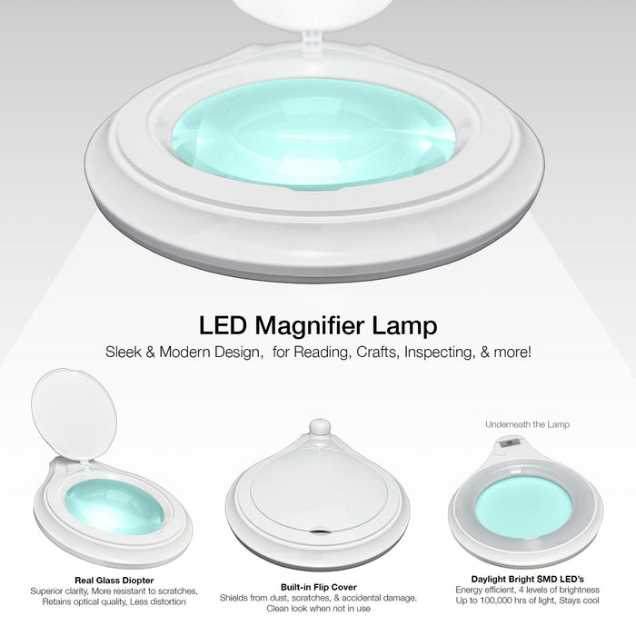 3 Diopter (1.75X) LED Magnifying Lamp with Clamp - 5-inch Glass Lens and Flip Cover