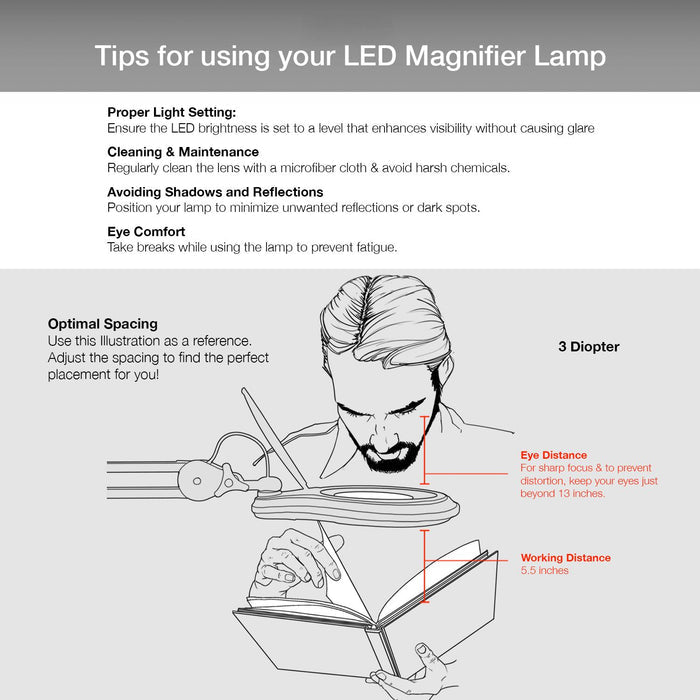 3 Diopter (1.75X) LED Magnifying Lamp with Clamp - 5-inch Glass Lens and Flip Cover
