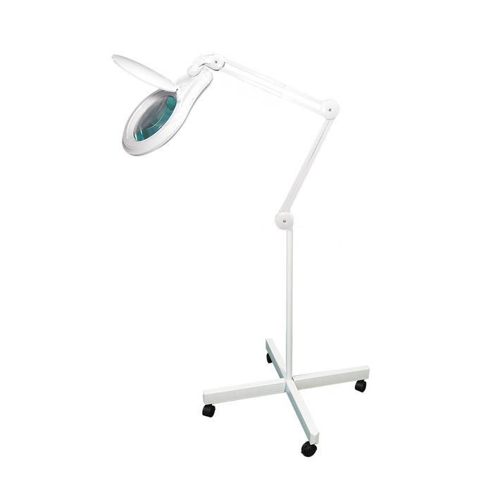 3 Diopter (1.75X) LED Magnifying Lamp with Rolling Floor Stand – 5-inch Glass Lens and Flip Cover, SKU MG16323121, three quarter front view