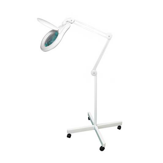 3 Diopter (1.75X) LED Magnifying Lamp with Rolling Floor Stand – 5-inch Glass Lens and Flip Cover, SKU MG16323121, three quarter front view
