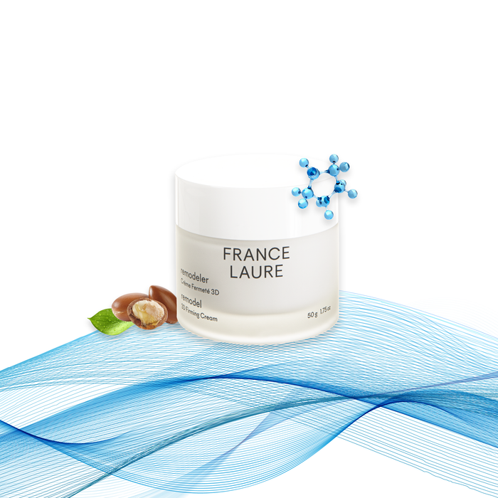 France Laure 3D Firming Cream jar with argan nuts and molecular design on blue wave background, for skin elasticity and remodeling