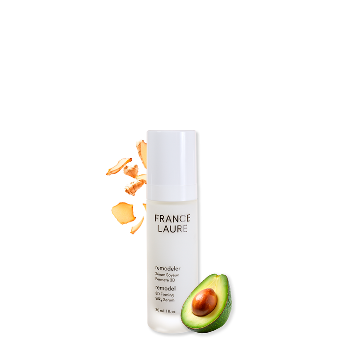 France Laure Remodeler 3D Firming Silky Serum bottle with avocado half and ginger slices, for all skin types