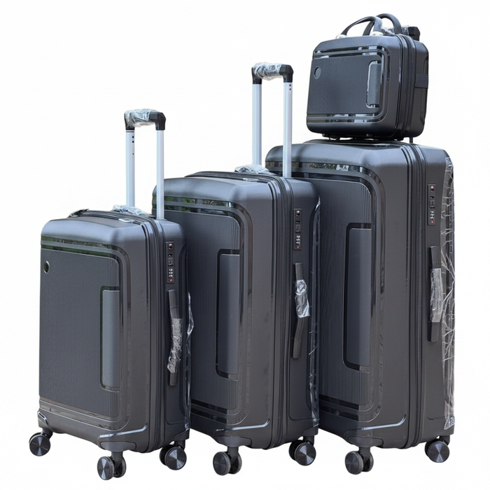 Black 4-piece hardshell luggage set on white background