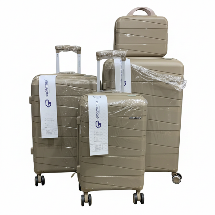 Champagne GoodPartner 4-piece hardshell luggage set on white background