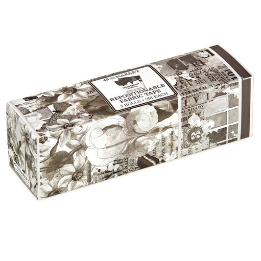 49 And Market - Color Swatch: Charcoal - Fabric Tape Assortment. 3 Rolls of repositionable fabric tape. Widths included are 100mm, 44mm and 7mm. Each roll is 3m long. Available at Embellish Away located in Bowmanville Ontario Canada.