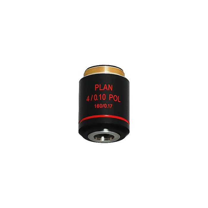4X Plan Achromatic POL Polarizing Microscope Objective Lens Working Distance 15.1mm with Black Finish, SKU PL05073231, three quarter front view