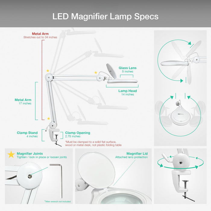 5 Diopter (2.25X) LED Magnifying Lamp with Clamp - 5-inch Glass Lens and Flip Cover