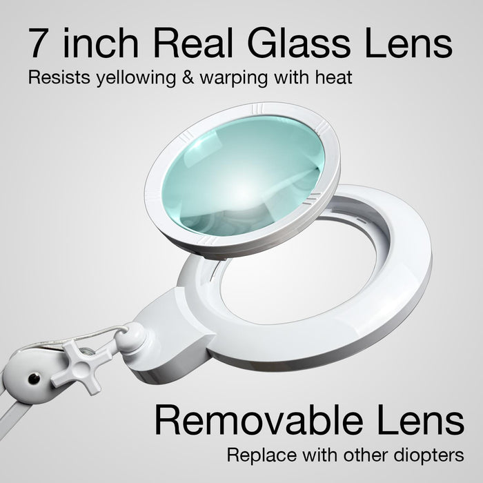 5 Diopter (2.25X) LED Magnifying Lamp with Clamp - 7-inch Glass Lens (Removable)