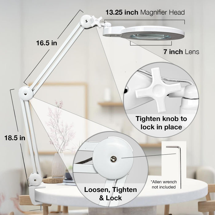 5 Diopter (2.25X) LED Magnifying Lamp with Clamp - 7-inch Glass Lens (Removable)