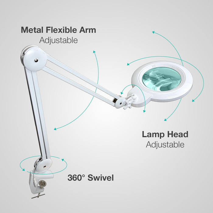 5 Diopter (2.25X) LED Magnifying Lamp with Clamp - 7-inch Glass Lens (Removable)