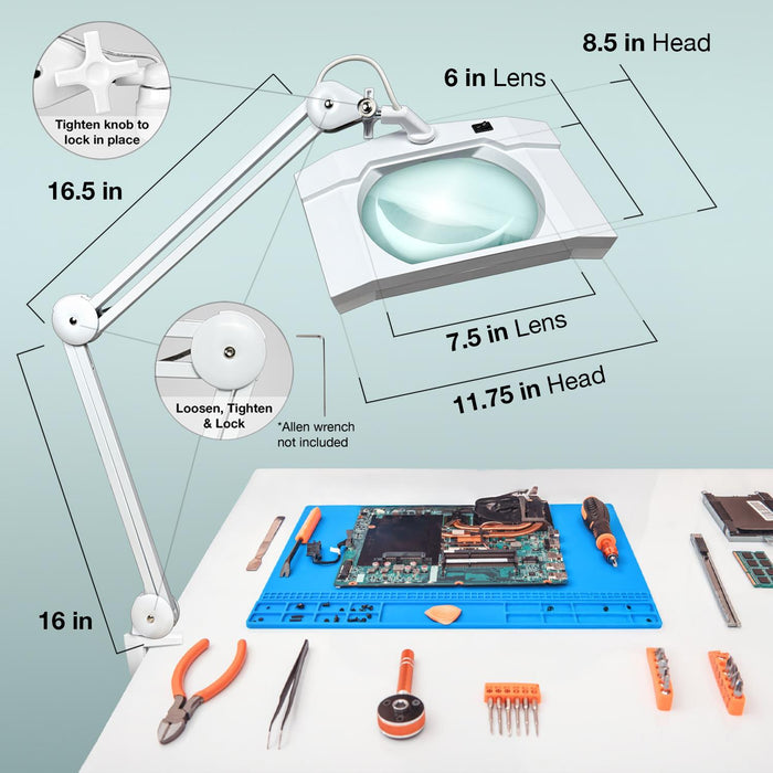 5 Diopter (2.25X) LED Magnifying Lamp with Clamp - Rectangle Head