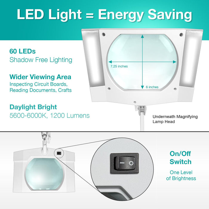 5 Diopter (2.25X) LED Magnifying Lamp with Clamp - Rectangle Head