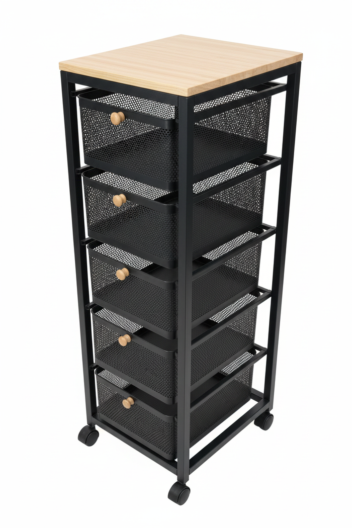5-layer black rolling kitchen office organizer with mesh drawers and wood top on white background