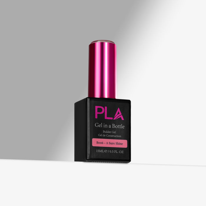 Black bottle with pink cap labeled 'PLA' on a gray background