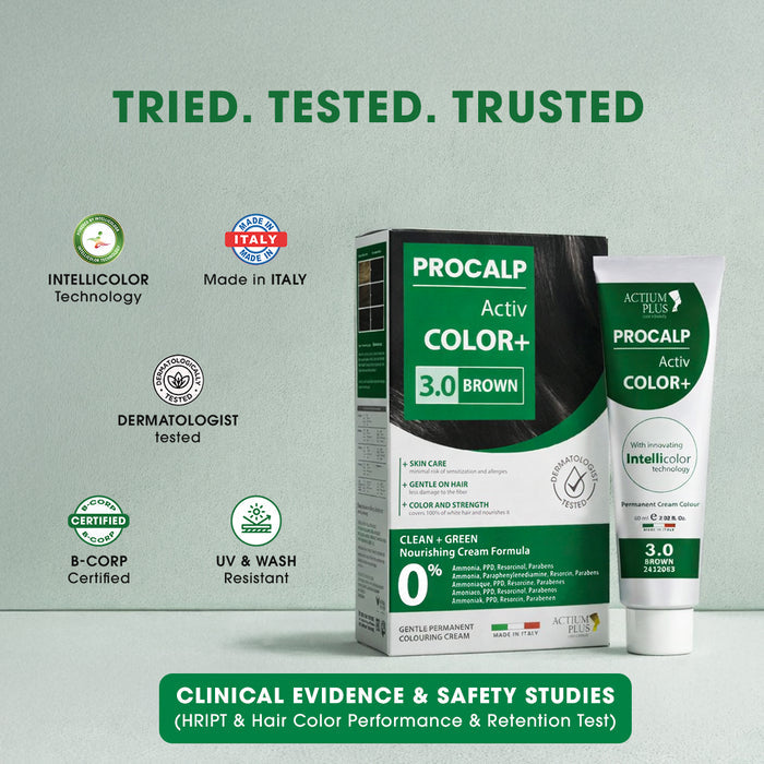 Actium Plus PROCALP Activ Color+ | (3.0-BROWN) | Long-lasting Permanent Hair Color | Dermatologist-tested | For Men/ Women | 60ml