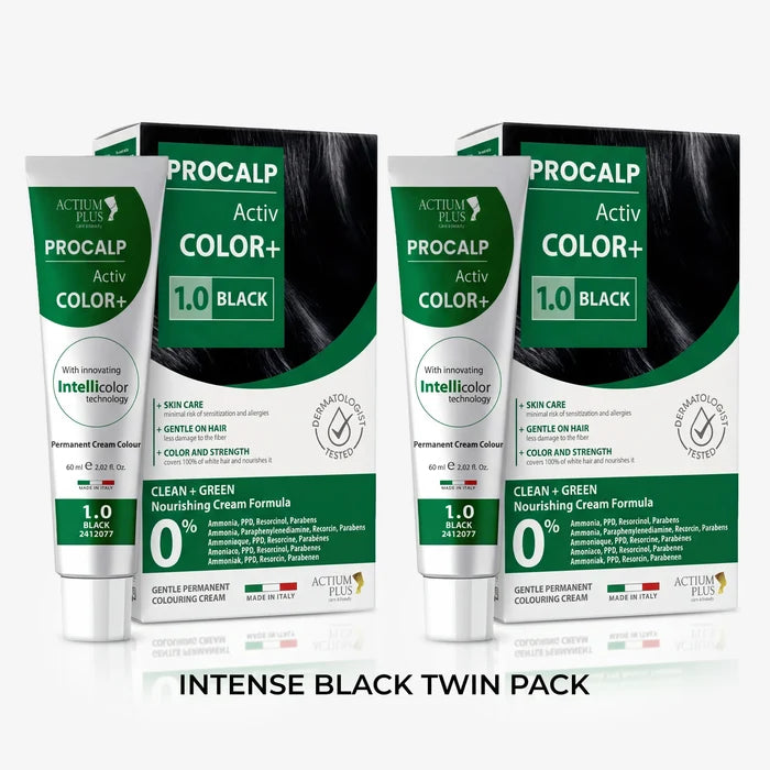 Actium Plus PROCALP Activ Color+ | (Black 1.0 + Black 1.0) Intense Black Twin Pack | Long-lasting Permanent Hair Color | Dermatologist-tested | For Men/ Women | 60ml X 2