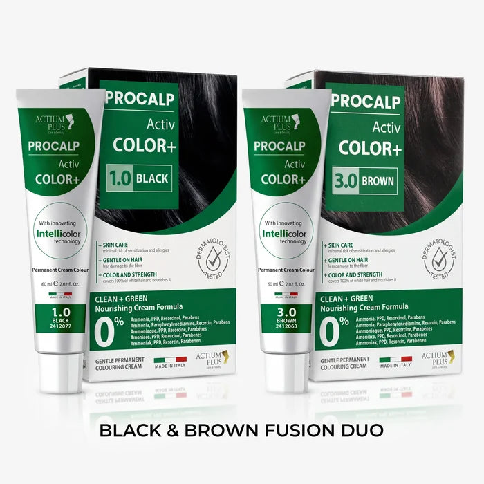 Actium Plus PROCALP Activ Color+ (Black1.0 + Brown3.0) Black & Brown Fusion Duo | Long-lasting Permanent Hair Color | For Men & Women | 60ml X 2