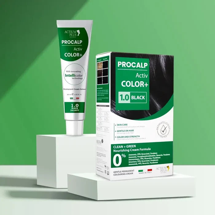 Actium Plus PROCALP Activ Color+ | Long-lasting Permanent Hair Color | Dermatologist-tested | For Men/ Women |(1.0-Black)