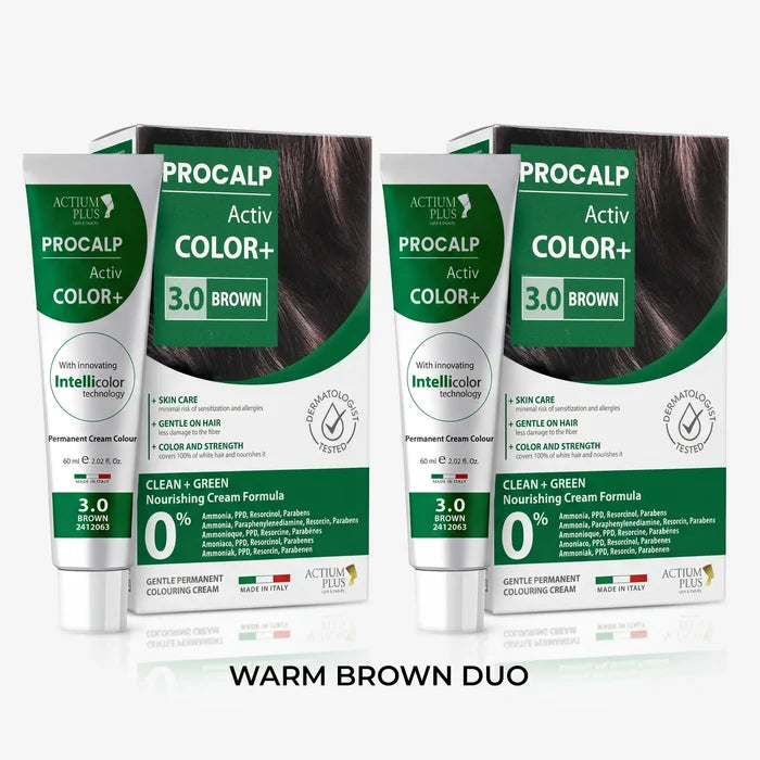 Actium Plus PROCALP Activ Color+ | (Brown 3.0 + Brown 3.0) Warm Brown Duo | Long-lasting Permanent Hair Color | Dermatologist-tested | For Men/ Women | 60ml X 2