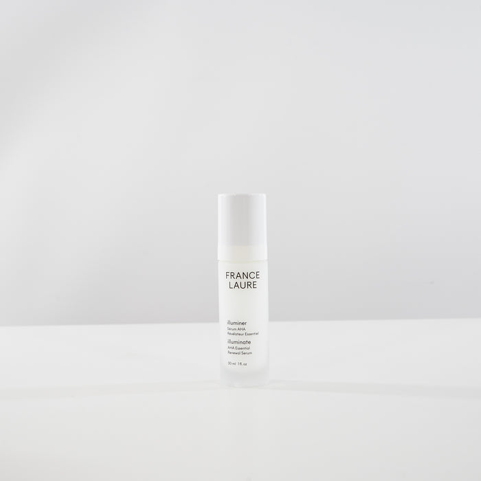 France Laure Illuminate AHA Essential Renewal Serum in minimalist white bottle, 30ml, for radiant skin renewal and glow
