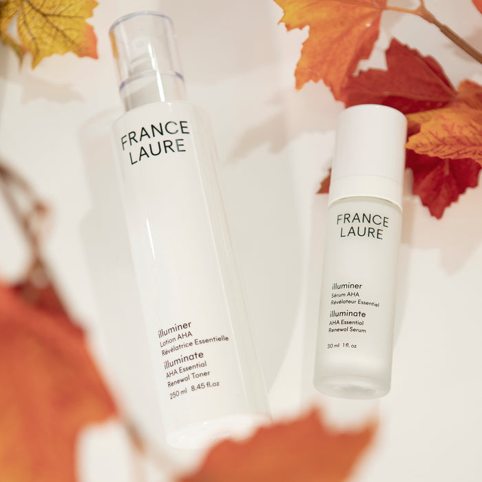 France Laure Illuminer AHA Essential Renewal Toner and Serum with autumn leaves, gentle exfoliating skincare for radiant skin