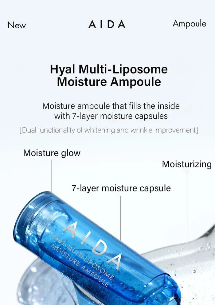 AIDA Hyal Multi-Liposome Moisture Ampoule packaging with product details on a white background