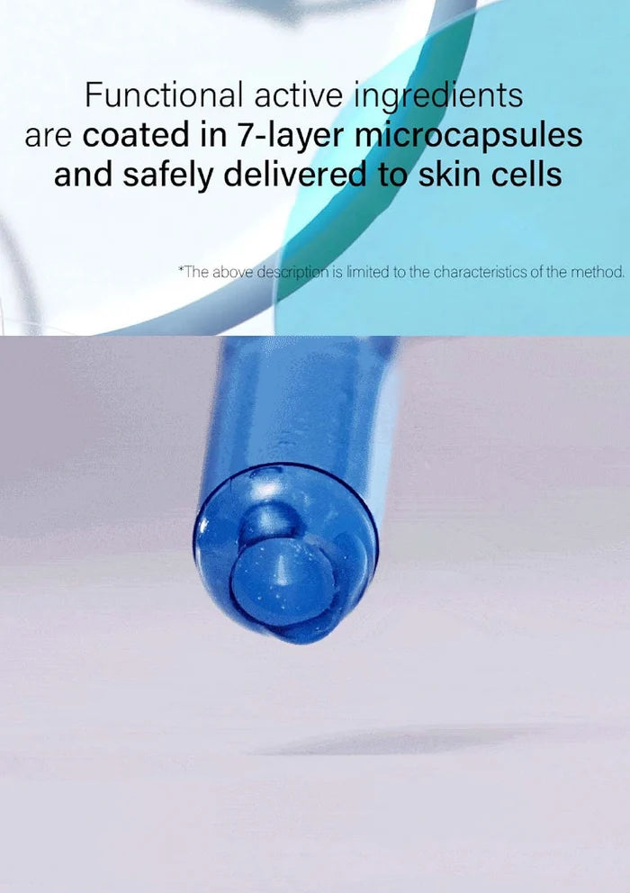 Blue cylindrical container with text about microcapsules on a light gray background