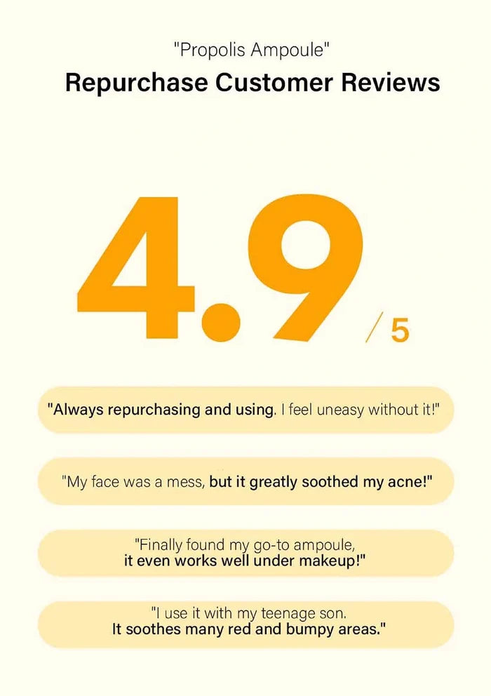 Repurchase customer reviews for a propolis ampoule with a 4.9/5 rating.