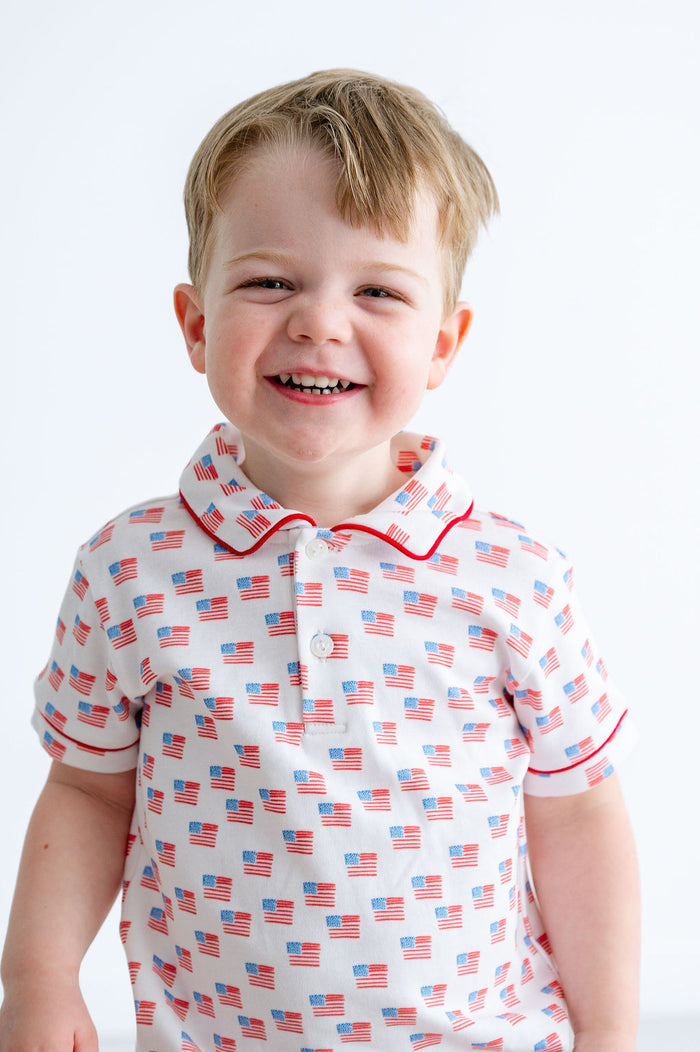 Toddler & Boys 100% Pima Cotton All-Over American Flag Print Polo Shirt – 4th of July & Patriotic Outfit – Sizes 12M–8