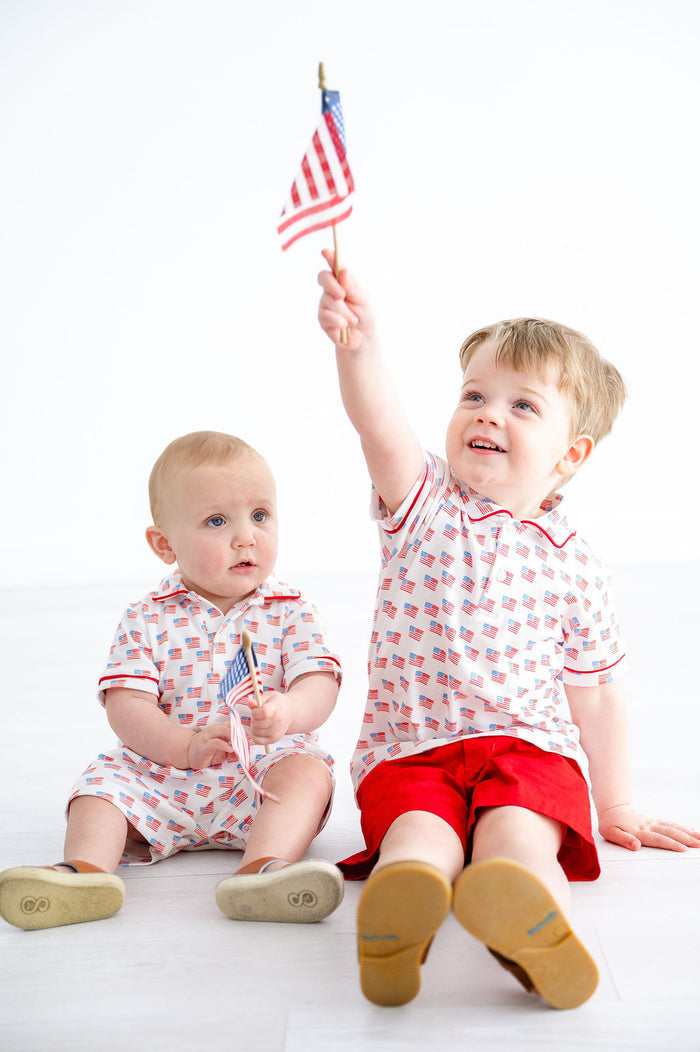 Boys Patriotic American Flag Polo – Soft Pima Cotton with Red Details – Fourth of July, Memorial Day & Summer Cookouts – Sizes 12M–8
