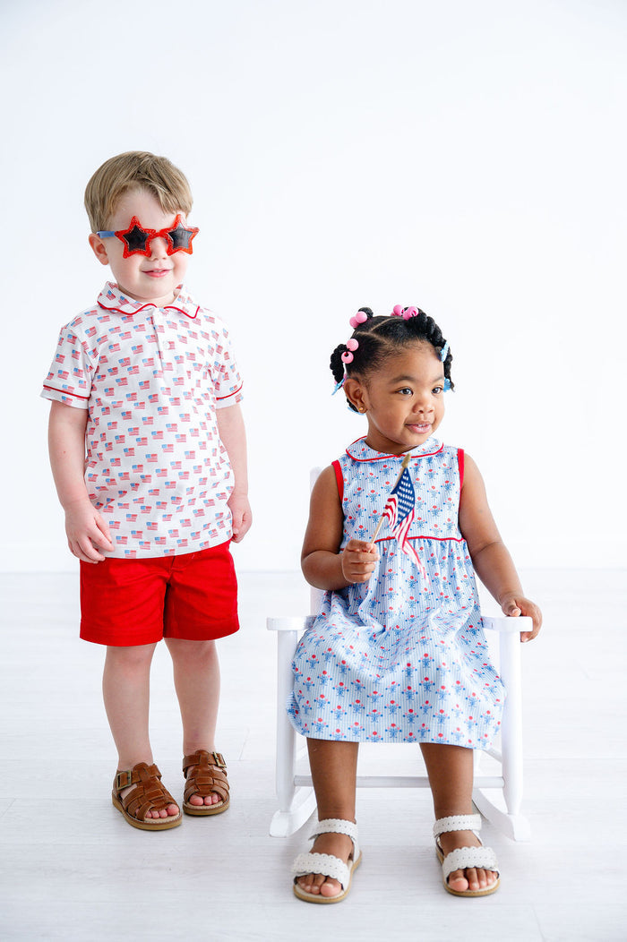 Little Boys Classic American Flag Print Pima Cotton Polo Shirt – 4th of July, Memorial Day & Parade Outfit – Sizes 12M–8