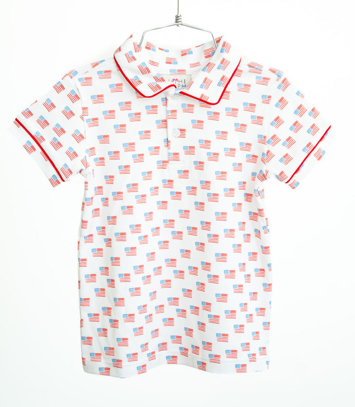 Boys Heirloom-Inspired American Flag Pima Cotton Polo Shirt – Red White & Blue Patriotic Summer Outfit – Memorial Day & 4th of July – Sizes 12M–8