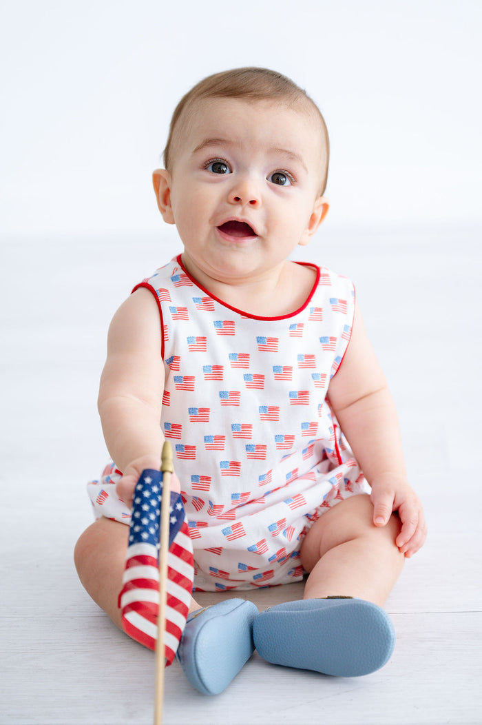 Newborn & Baby Boys 100% Pima Cotton All-Over American Flag Print Bubble – 4th of July & Patriotic Outfit – Sizes NB–2T