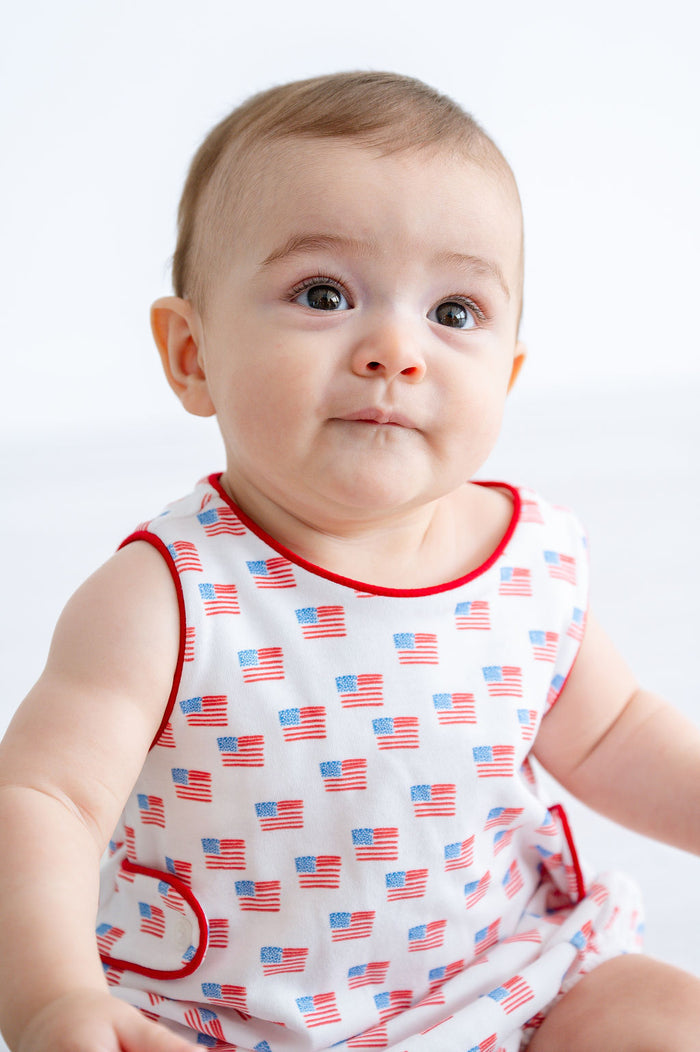 Baby Boys Patriotic American Flag One-Piece Bubble – Soft Pima Cotton with Red Details – Fourth of July, Memorial Day & Summer Cookouts – Sizes NB–2T