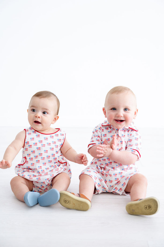 Baby Boys All-Over American Flag Pima Cotton Bubble Romper – Snap Closure – Sibling Matching Patriotic Outfit – 4th of July & Memorial Day – Sizes NB–2T