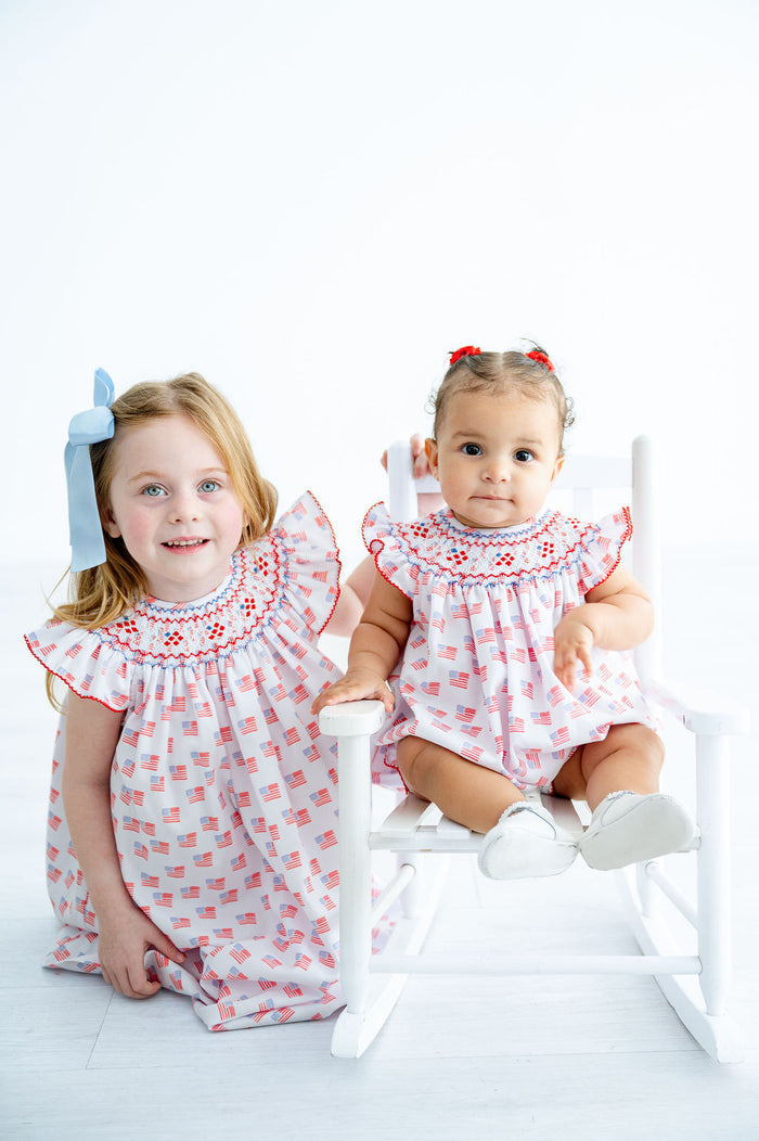Little Girls Classic Southern Smocked American Flag Dress – Red White & Blue Patriotic Neckline – 4th of July, Memorial Day & Parades – Sizes 12M–8