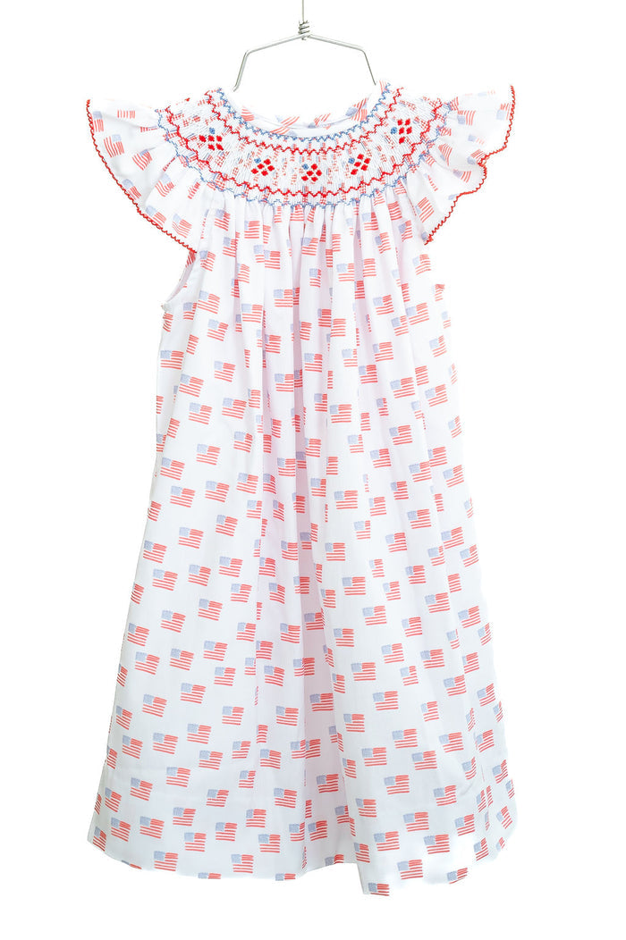 Toddler & Girls All-Over American Flag Print Dress with Hand-Smocked Patriotic Neckline – Fourth of July, Memorial Day & Summer Evening Outfit – Sizes 12M–8