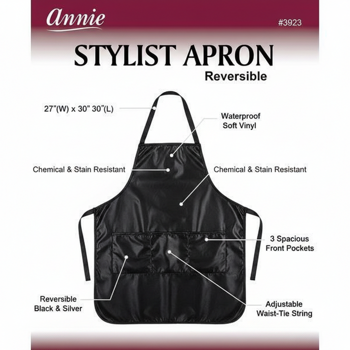 Annie Reversible Stylist Apron Waist-Tie String, 1 Count, Black & Silver
