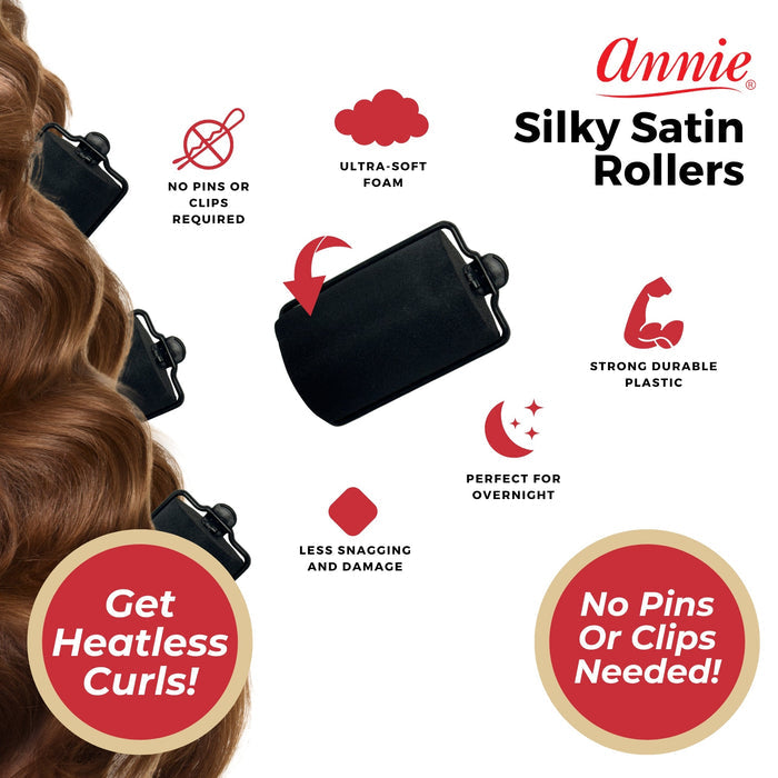 Annie Silky Satin Hair Rollers Jumbo, 6 Count, Black